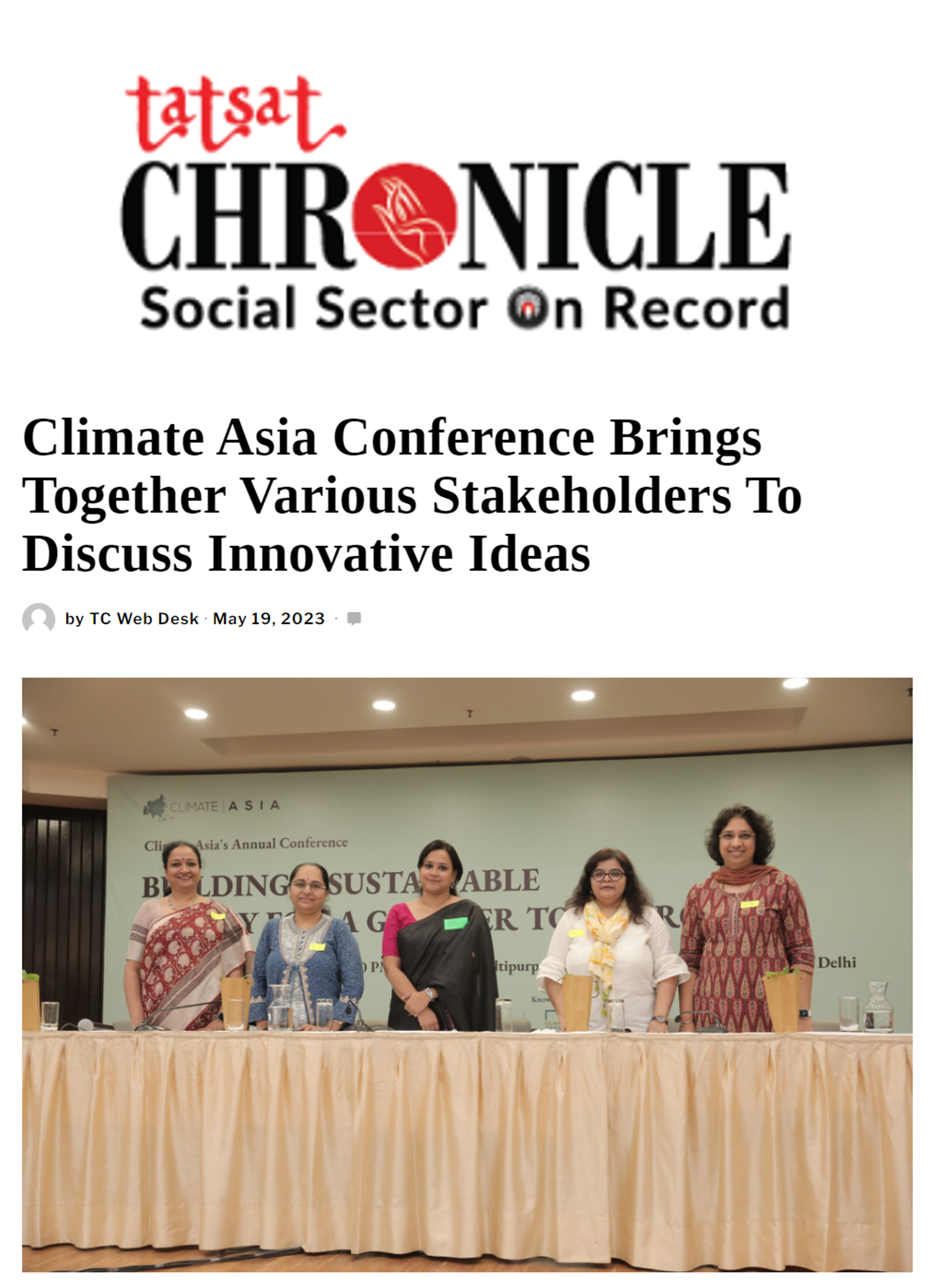Dr Indu K Murthy mentioned as a speaker at the annual Climate Asia conference by Tatsat Chronicle
